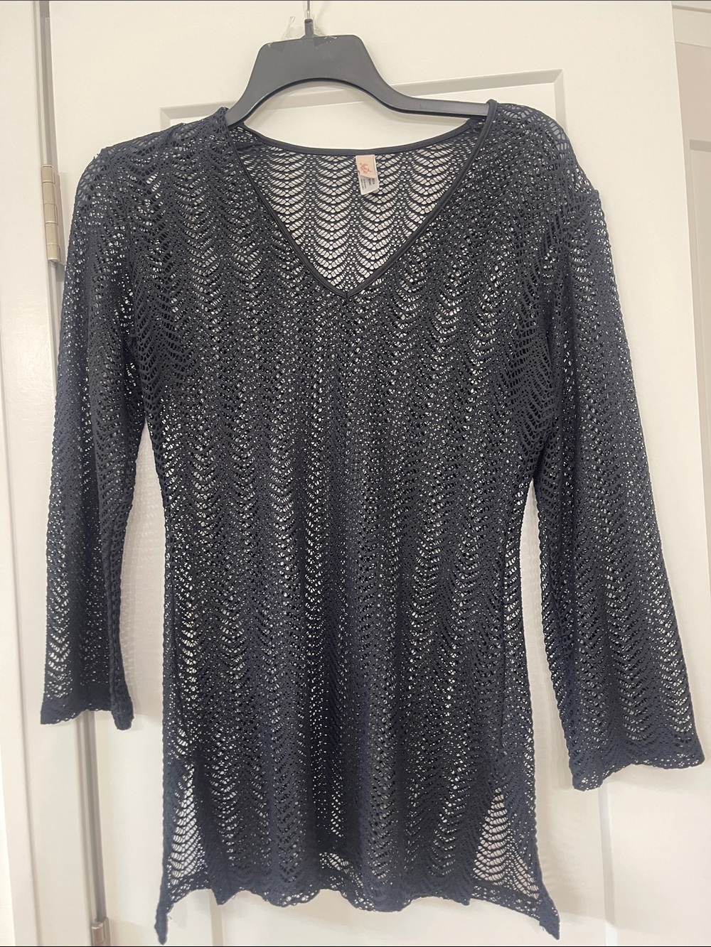 Luli Fama Black Open-Knit V-Neck Swim Coverup